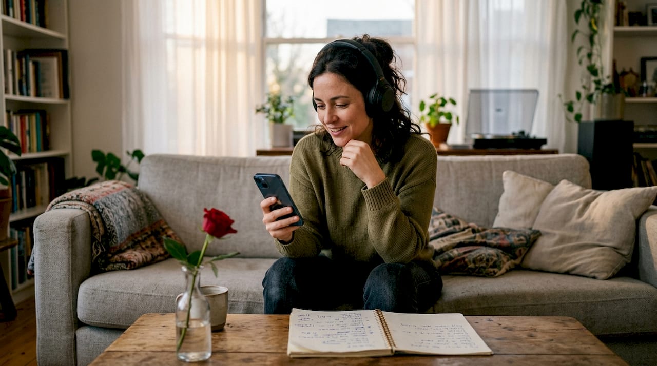 Woman listening to custom romantic song