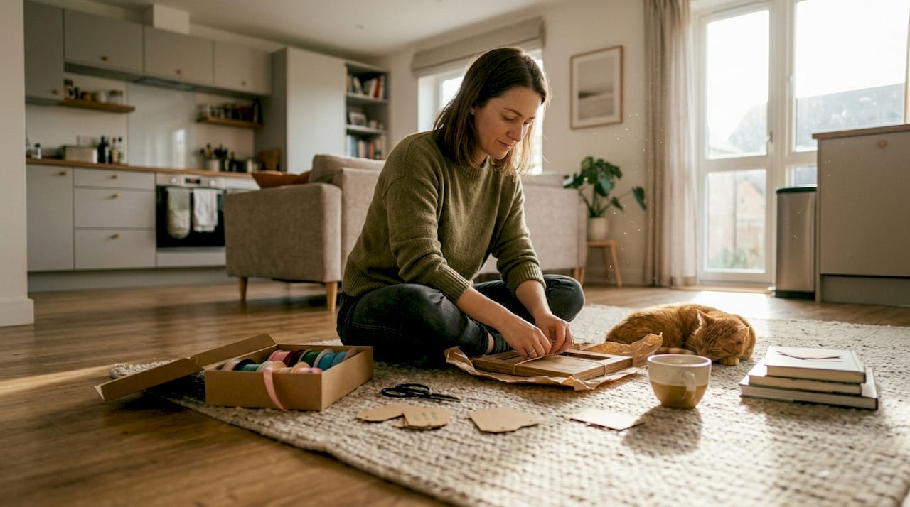 Woman wrapping unique handmade gift at home