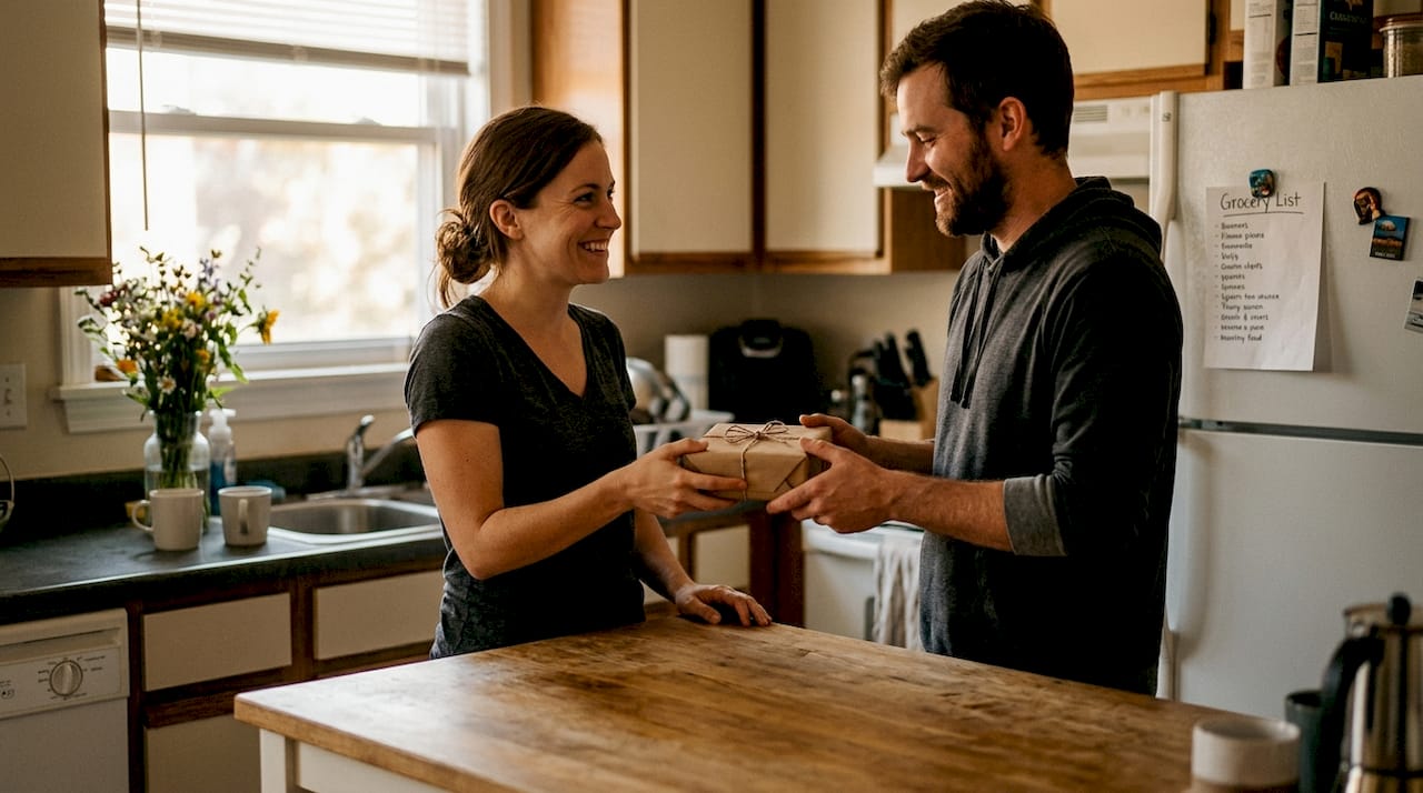 Couple swapping romantic gifts in kitchen